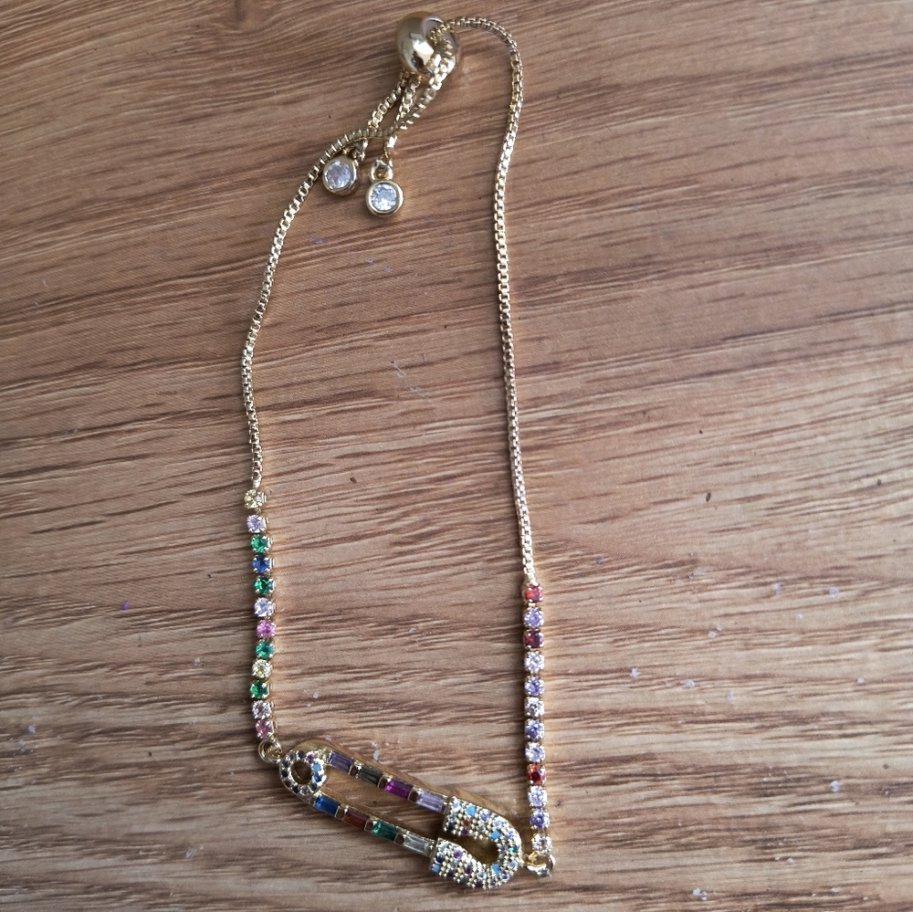 Safety Pin Gold Multicolor Gem Bracelet